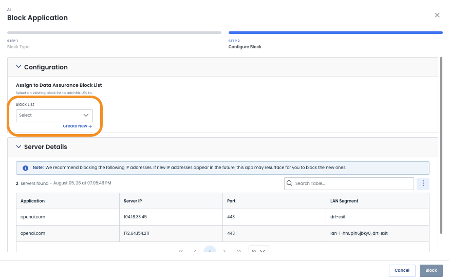 Configuration screen for blocking applications with server details and options to create a block list.